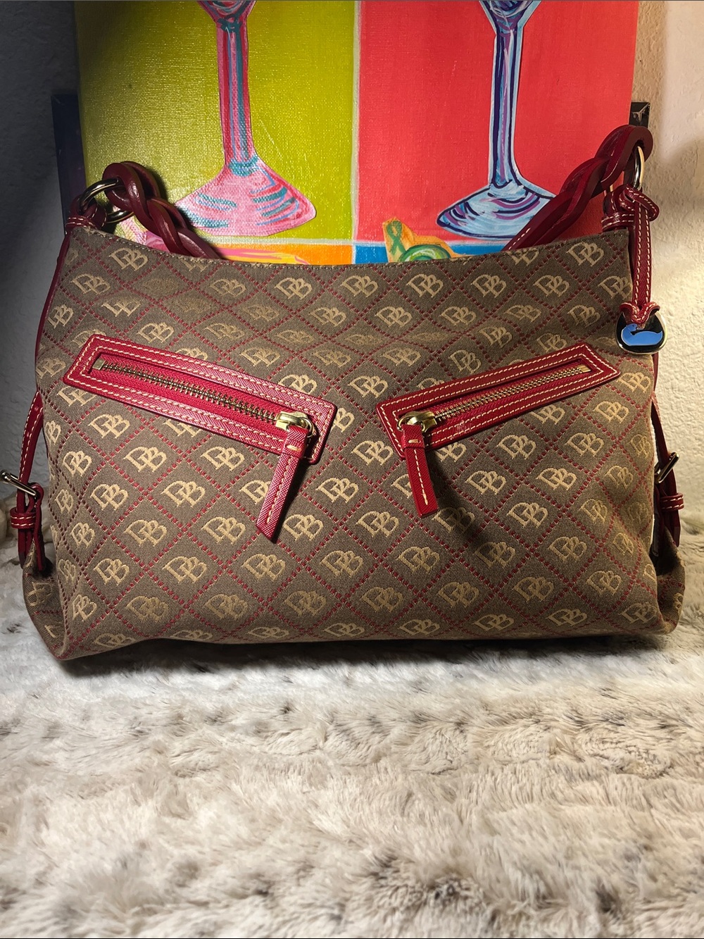 !!VINTAGE!!Dooney & Bourke Brown Monogram Logo Jacquard Hobo Bag with Red Trim